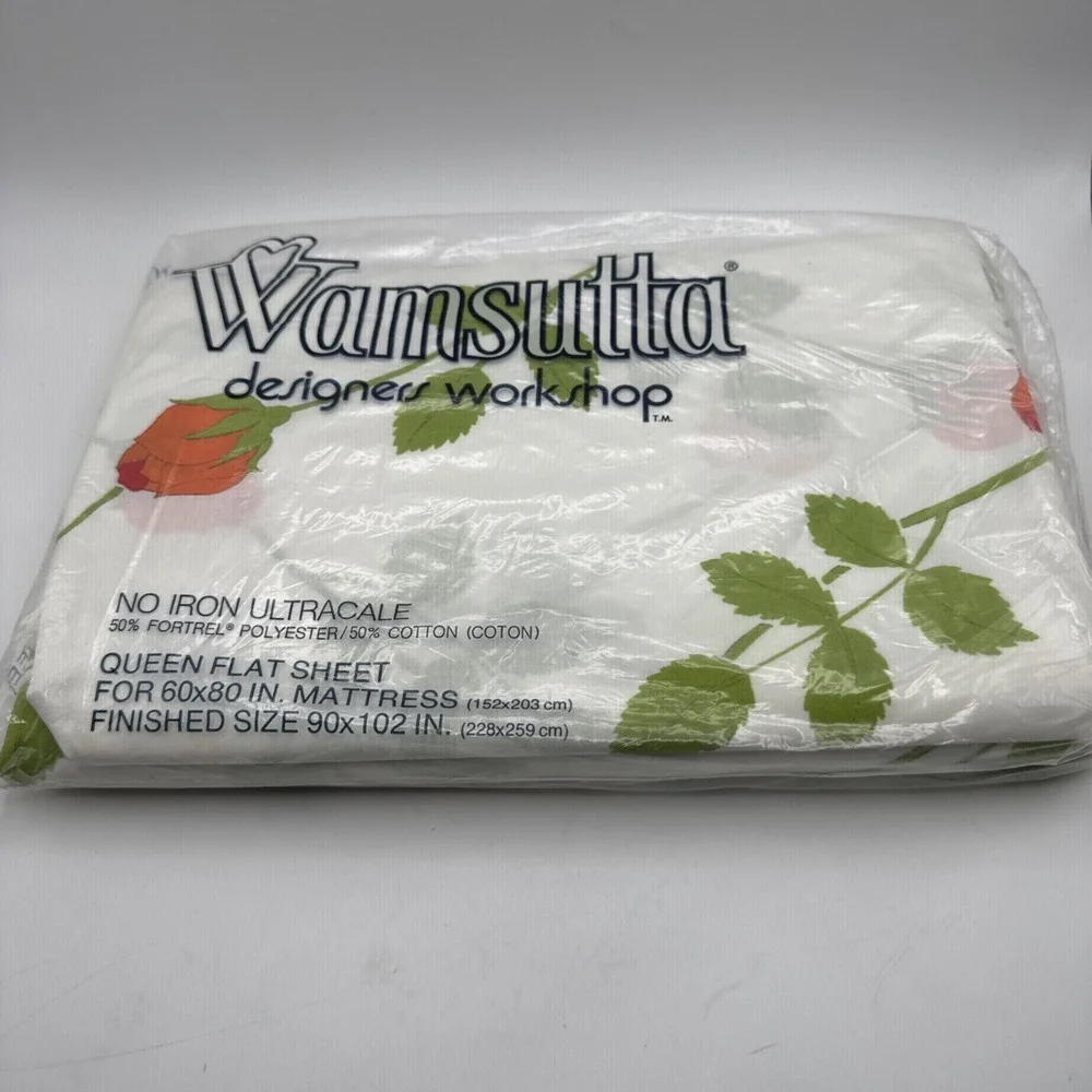 Wamsutta Christian Dior Rose QUEEN Flat Sheet Vtg 70s Floral‎ Print USA Percale
